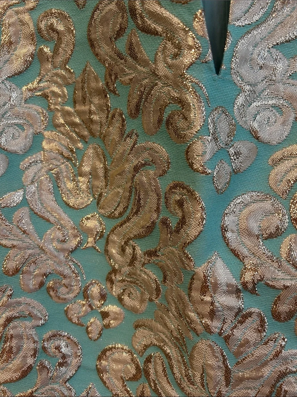 J. Crew Vintage Aqua Silk Brocade Sleeveless Top with Gold Accents